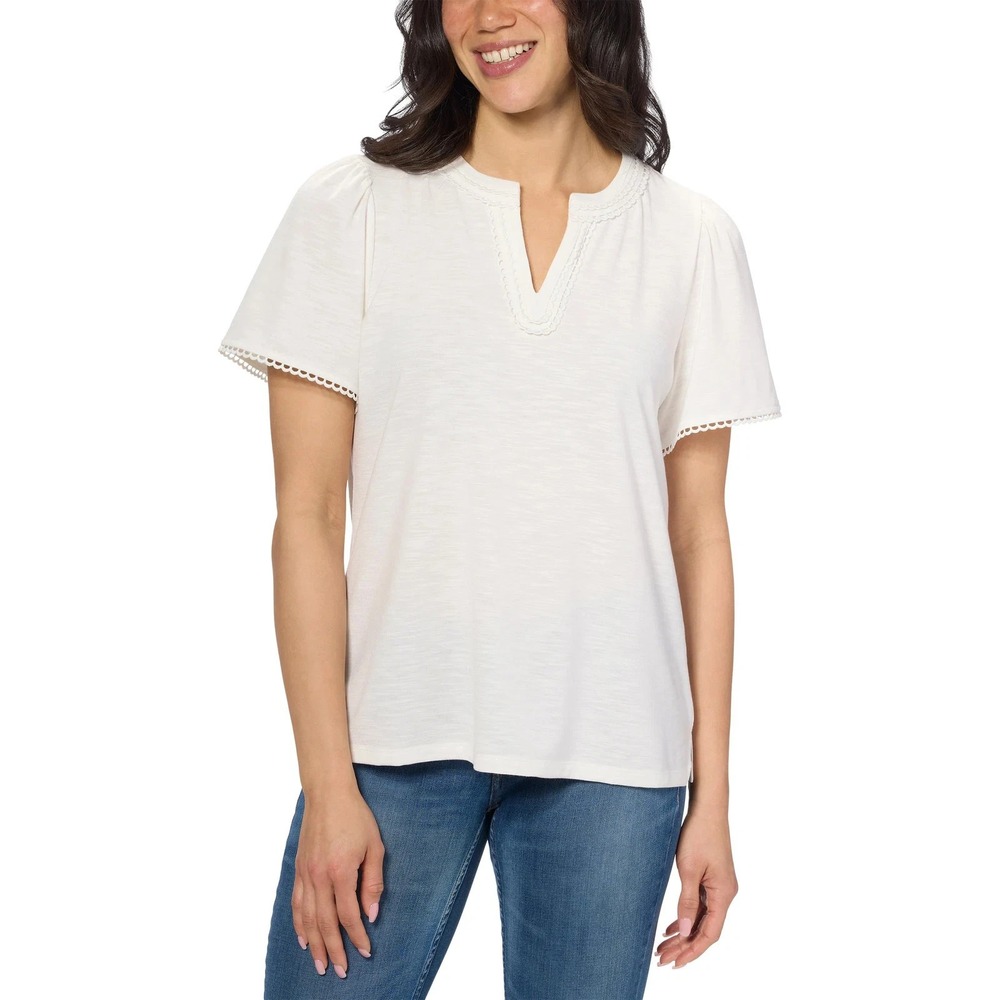 Jones New York Women's Split Neck Short Sleeve Blouse, Nyc White, Size Medium